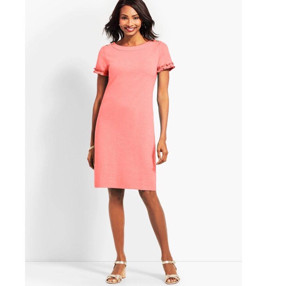 Talbots Ruffle-Sleeve Slub Jersey Shift Coral Color Dress Sz L